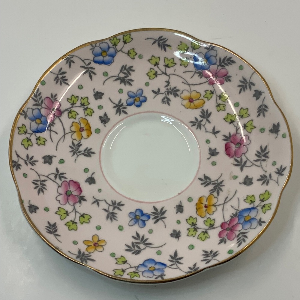 Foley China Pink Floral Bone China Saucer Gold Trim Scalloped Edge England Vinta